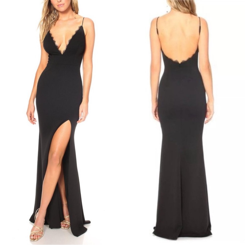 Katie May Black Plunge Low Back Saylor‎ Gown Maxi Dress Womens Size Small NEW